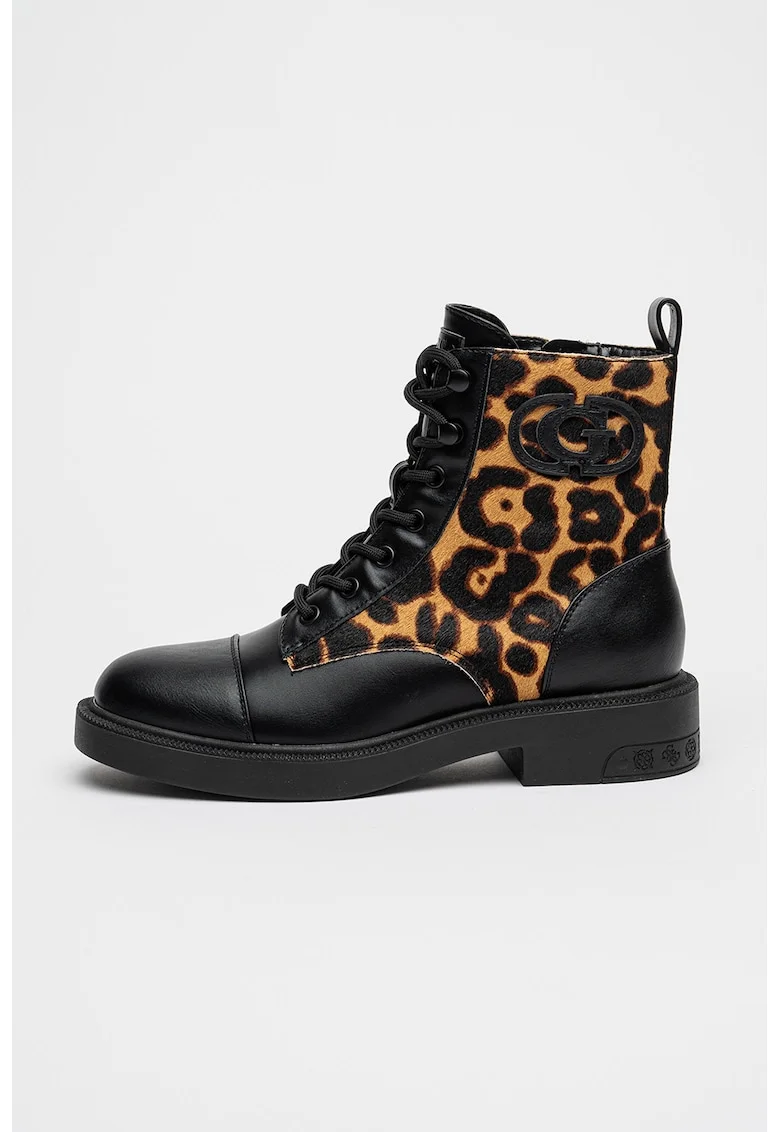 Bocanci de piele cu animal print, Maro inchis/Negru/Maro