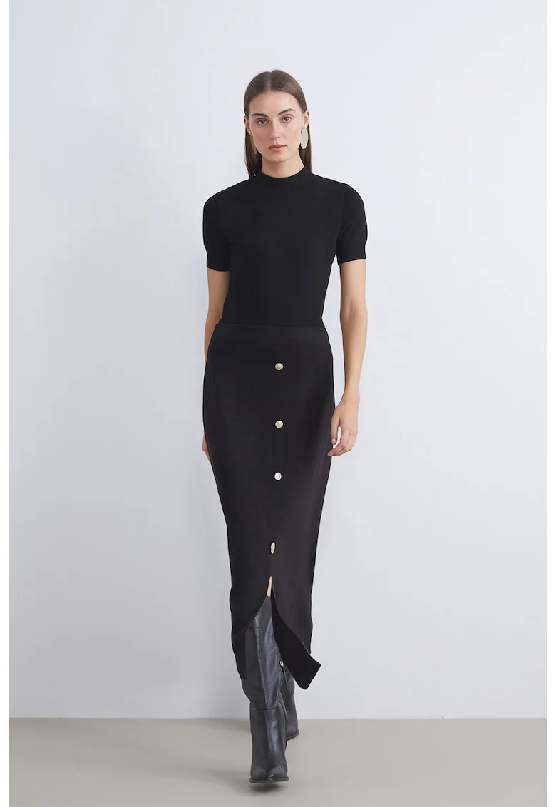 Fusta midi tricotata cu nasturi decorativi, Negru