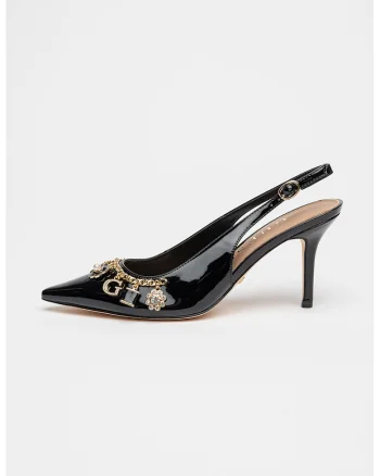 Pantofi slingback de piele ecologica cu aplicatii decorative, Negru