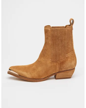 Botine de piele intoarsa cu toc cubanez Lanna, Maro deschis