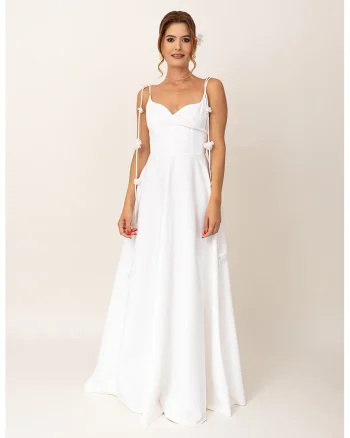 Rochie maxi evazata cu detalii florale, Alb