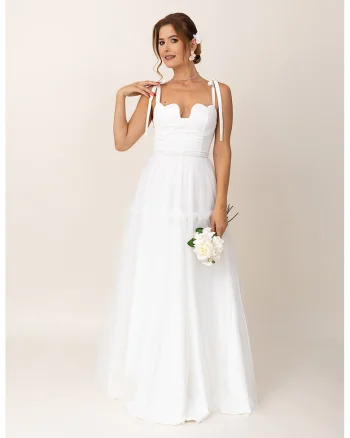 Rochie maxi evazata cu funde pe umeri, Alb