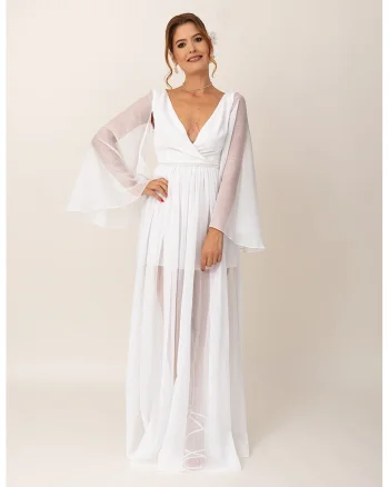 Rochie maxi cu decolteu in V, Alb