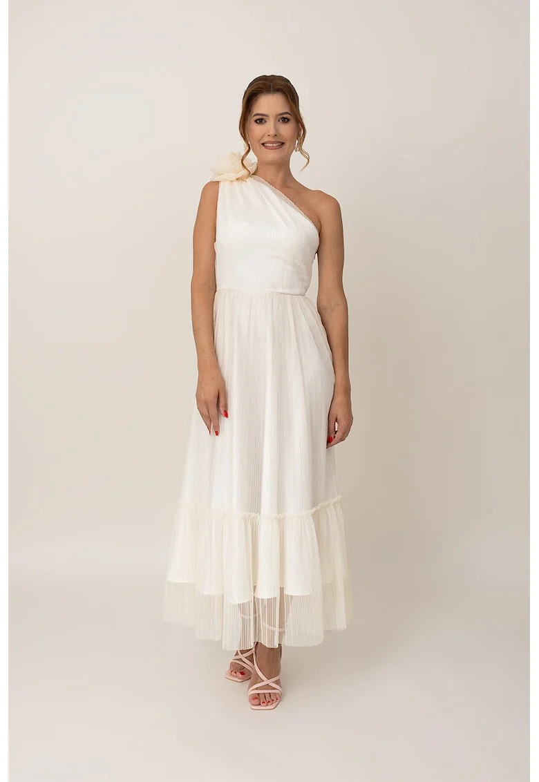 Rochie lunga cu decolteu pe un umar, Crem