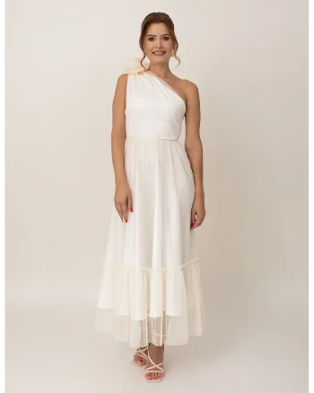 Rochie lunga cu decolteu pe un umar, Crem