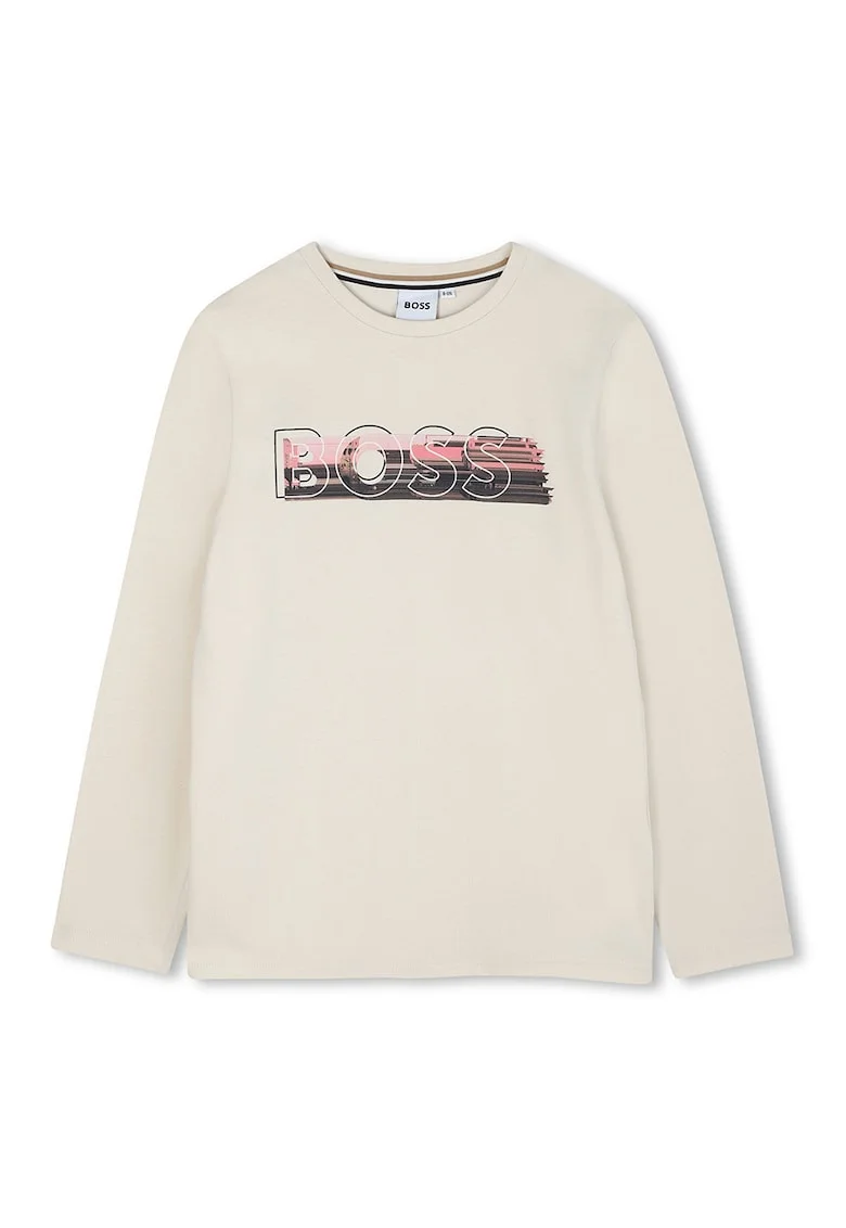 Bluza din bumbac cu decolteu la baza gatului si logo, Alb fildes