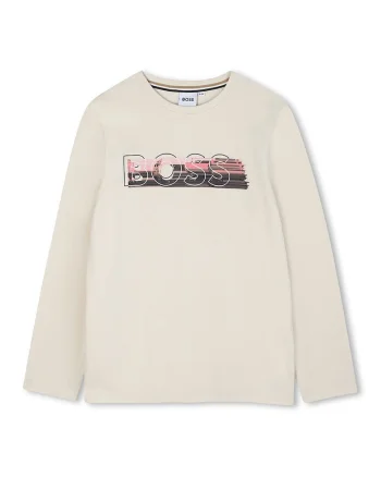Bluza din bumbac cu decolteu la baza gatului si logo, Alb fildes