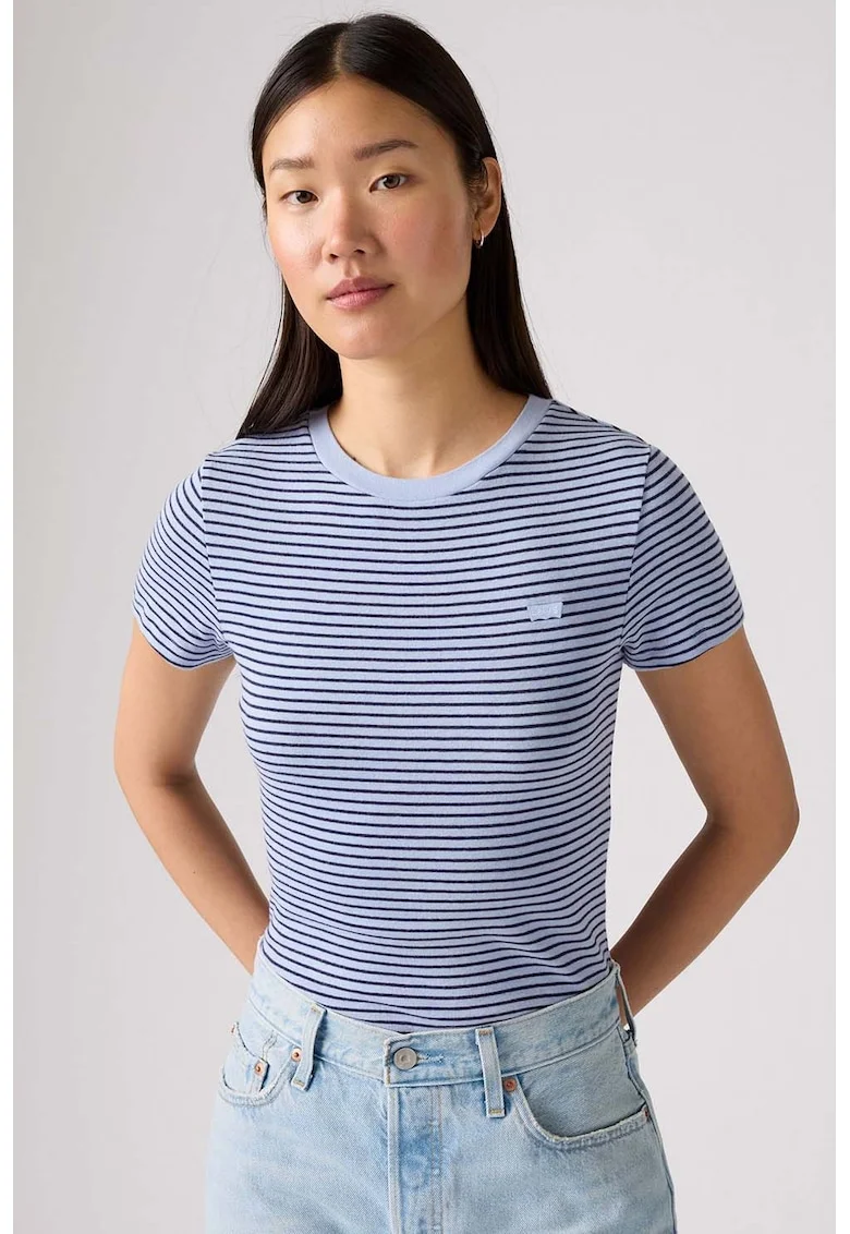 Tricou slim fit de bumbac Essential, Albastru deschis/Bleumarin