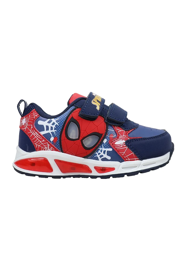 Pantofi sport cu velcro si imprimeu Spiderman, Albastru inchis/Rosu vermillion
