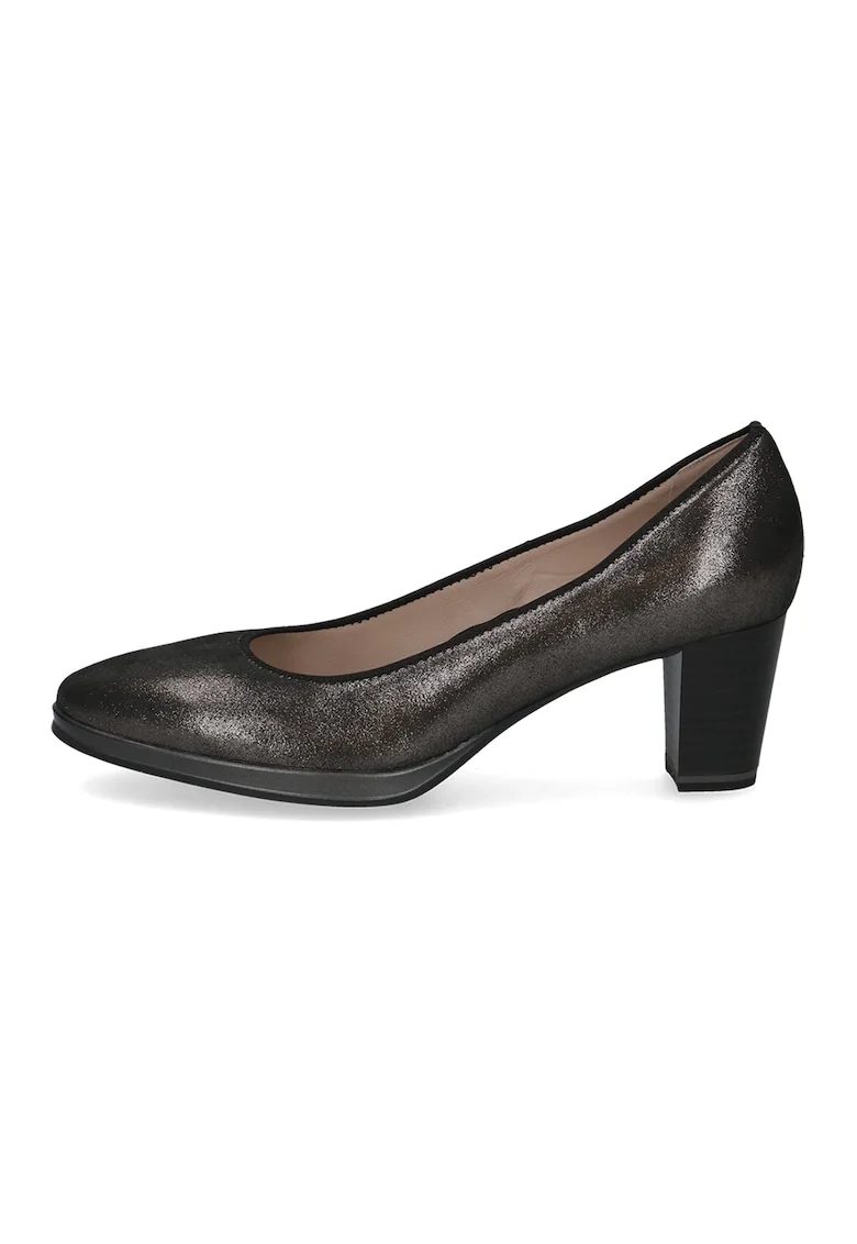 Pantofi din piele cu toc bloc, Gri inchis