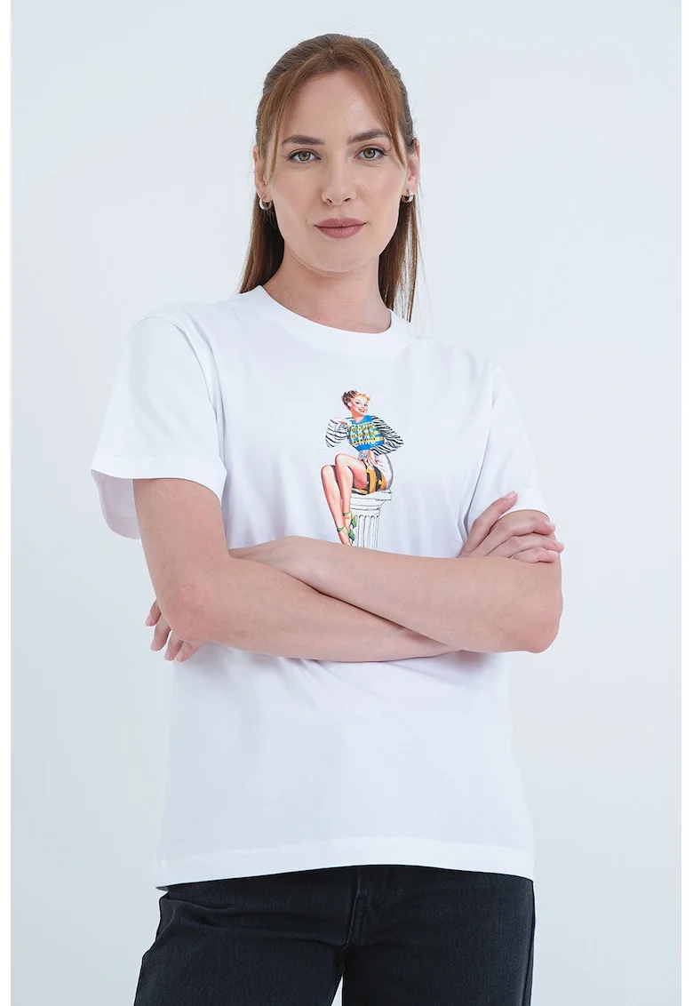Tricou din bumbac cu imprimeu grafic, Alb optic/Albastru