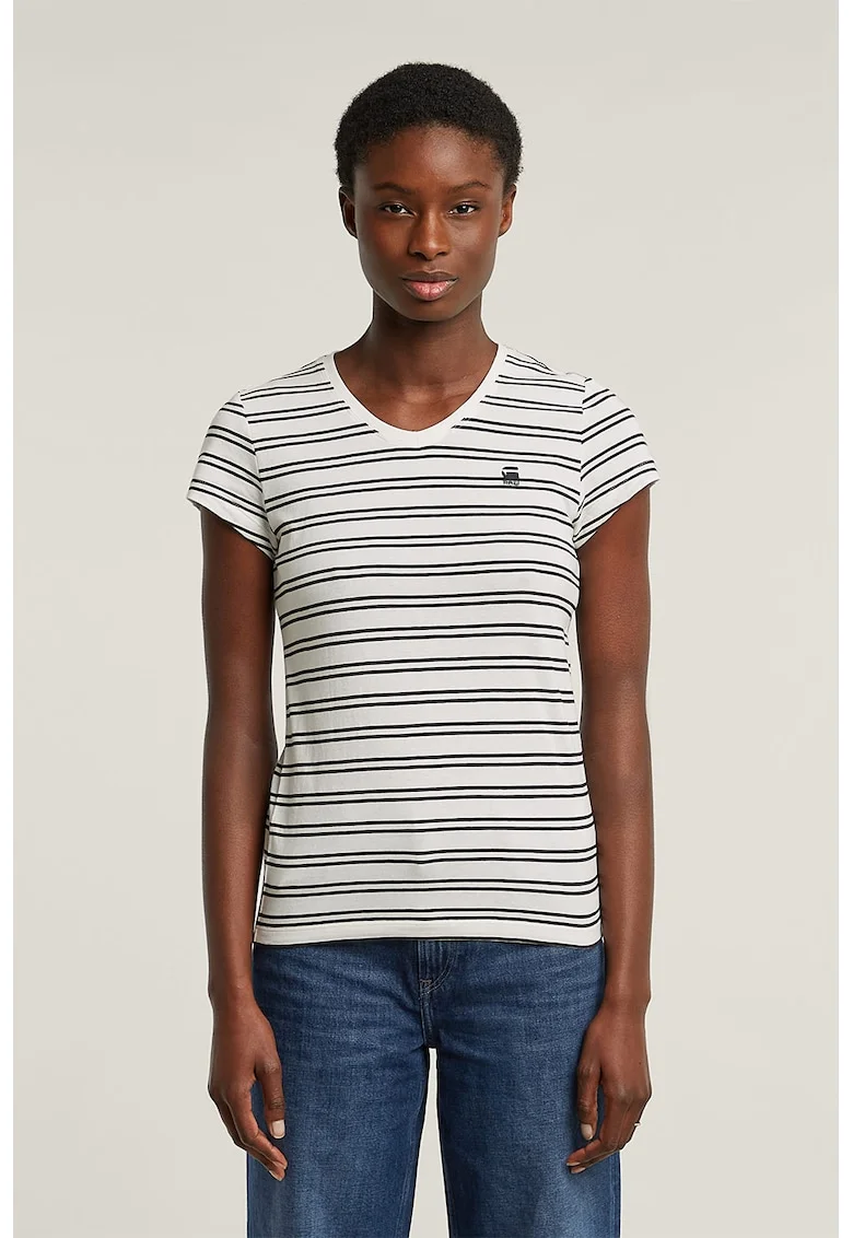 Tricou de bumbac organic cu decolteu in V Eyben, Alb/Negru stins/Alb murdar