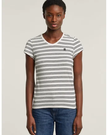 Tricou de bumbac organic cu decolteu in V Eyben, Alb/Negru stins/Alb murdar