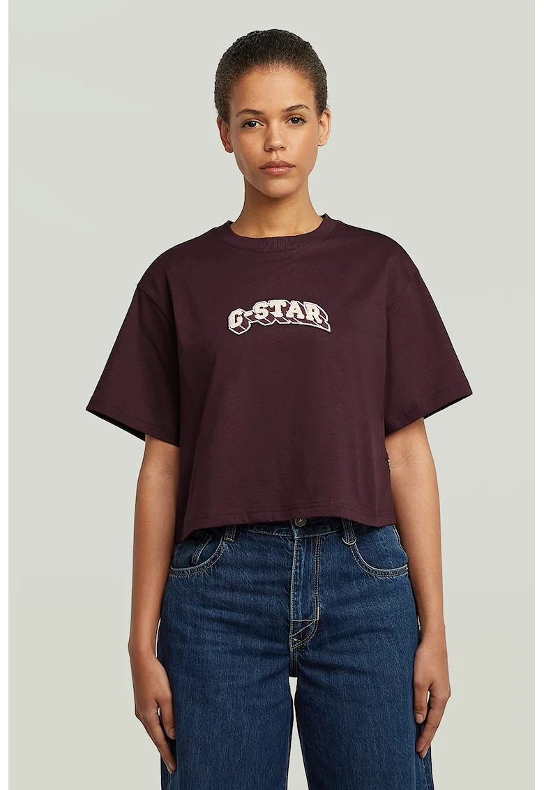 Tricou crop din bumbac organic cu logo, Visiniu/Alb optic