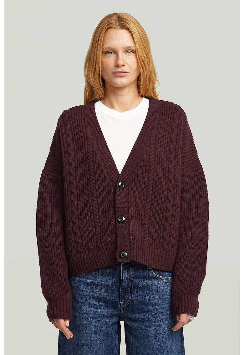 Cardigan din lana cu model torsade, Visiniu