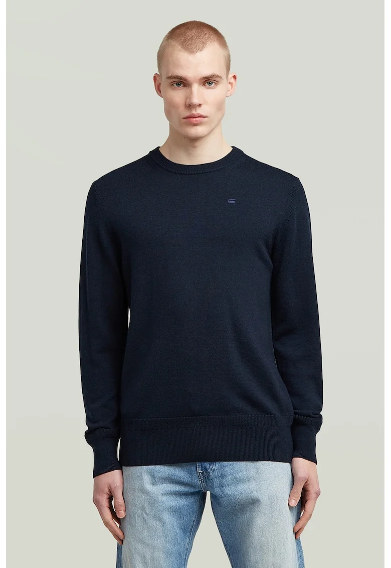 Pulover din lana Merinos cu model uni Premium Core, Bleumarin