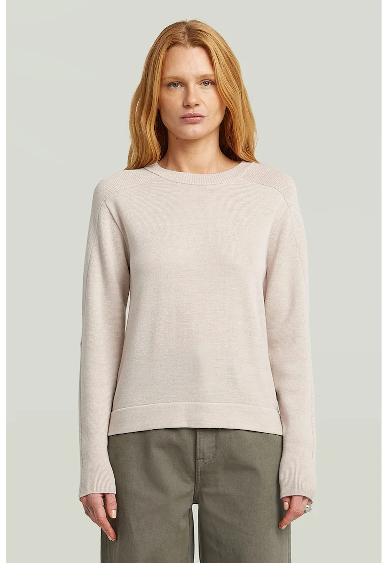 Pulover tricotat din lana cu model uni si guler rotund, Crem