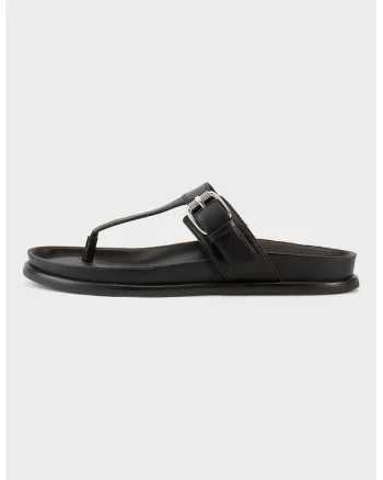 Papuci flip-flop din piele cu talpa plata, Negru