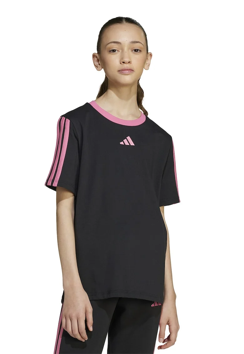 Tricou cu decolteu la baza gatului si garnituri contrastante, Negru/Roz