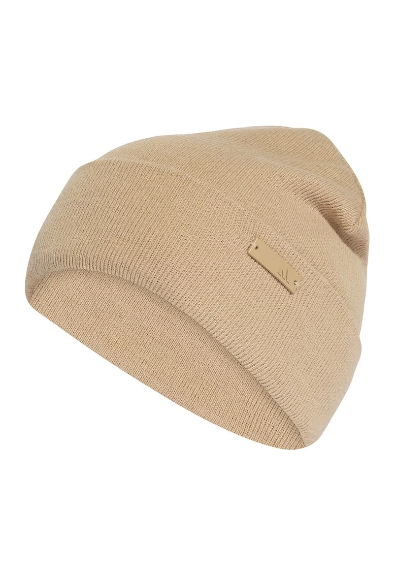 Caciula tricotata unisex cu logo metalic, Bej