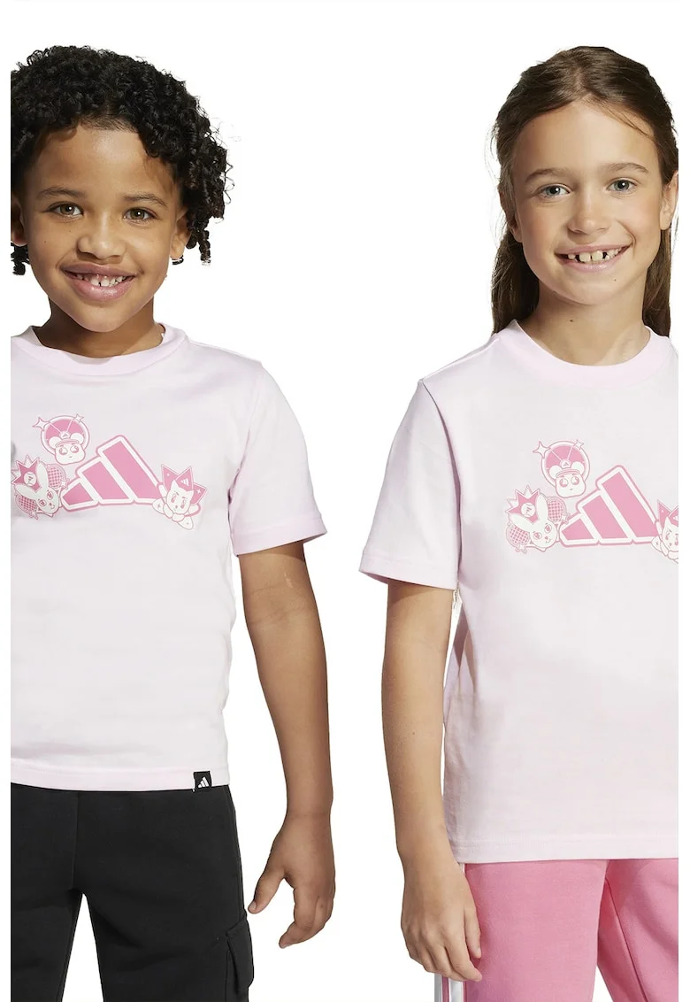 Tricou cu imprimeu logo si decolteu la baza gatului, Roz pastel