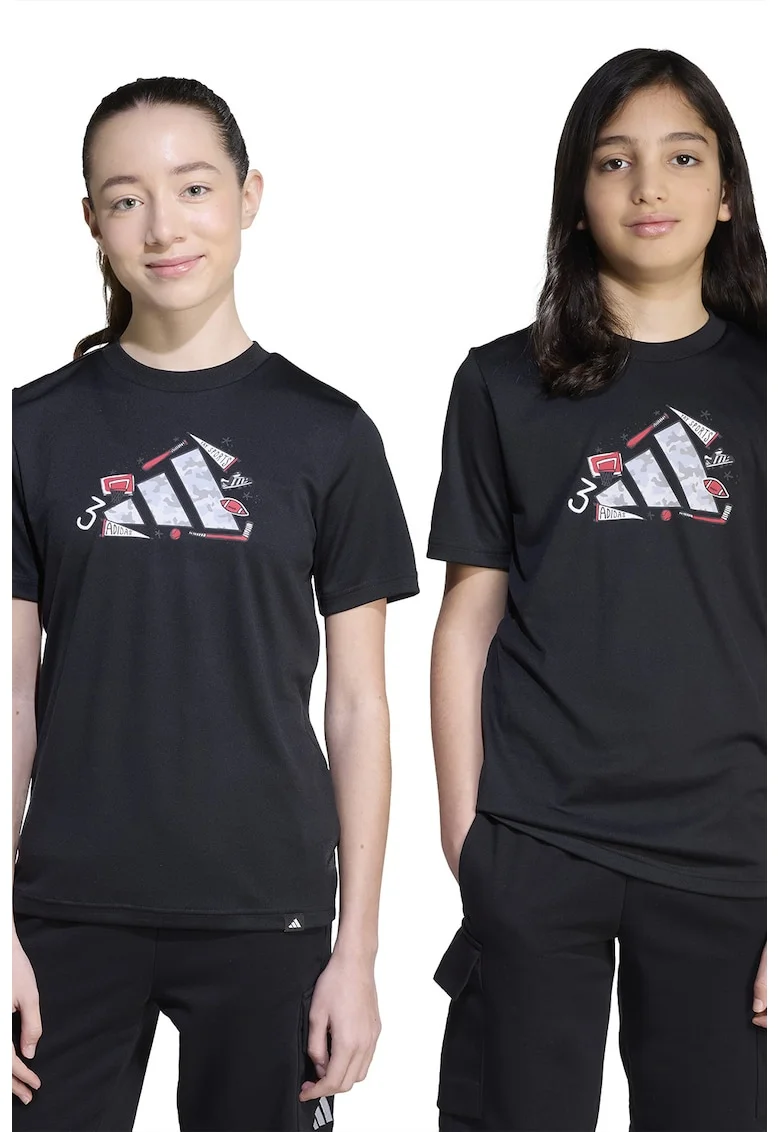 Tricou cu logo si decolteu la baza gatului, Gri inchis