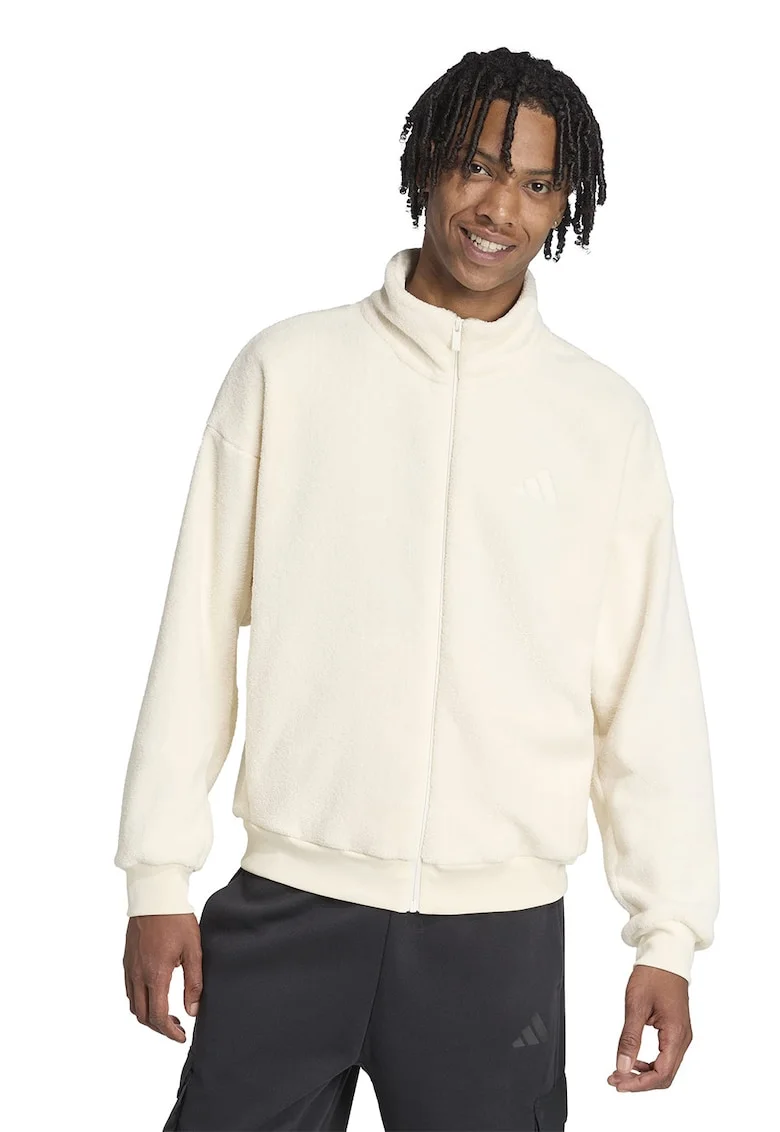 Bluza de trening din material teddy cu fermoar, Crem