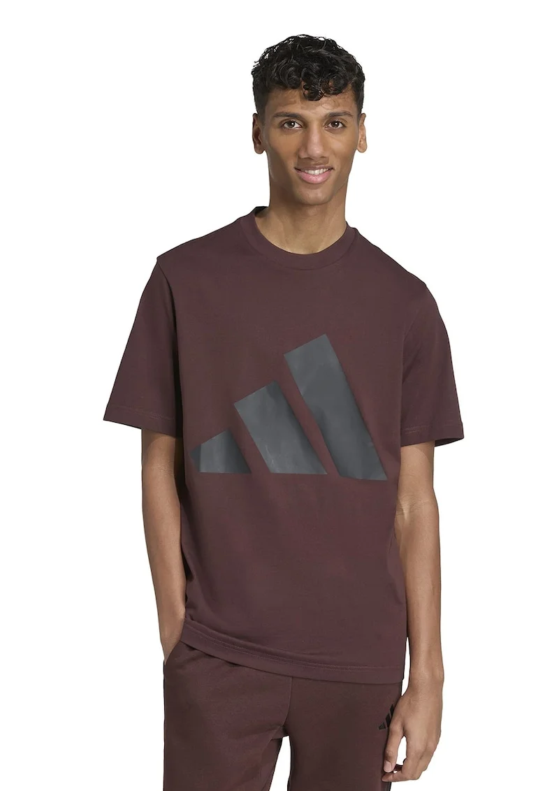 Tricou cu decolteu la baza gatului si imprimeu logo, Maro cognac/Gri antracit