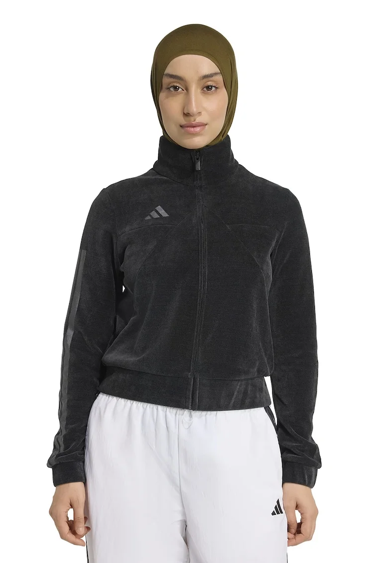 Bluza de trening cu fermoar si imprimeu logo, Negru stins/Gri inchis