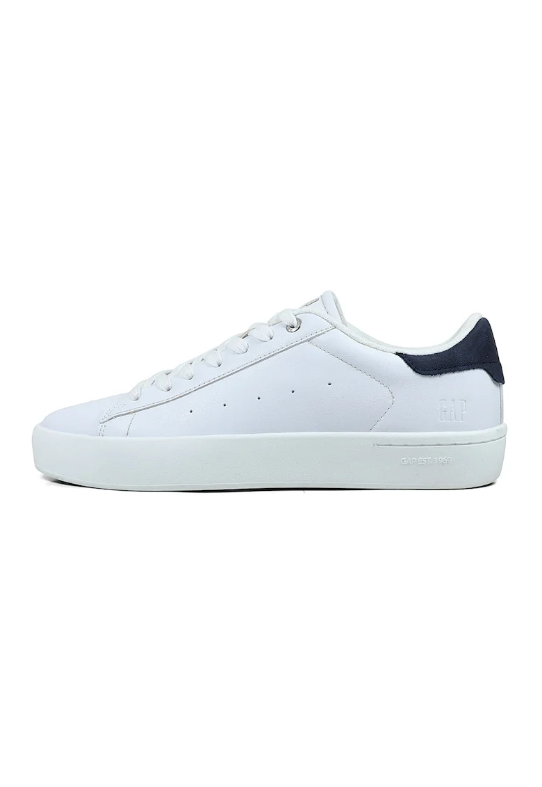 Pantofi sport de piele ecologica cu garnituri de piele intoarsa, Alb/Bleumarin