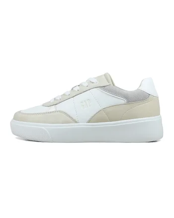 Pantofi sport low-cut de piele ecologica, Alb/Maro nisip