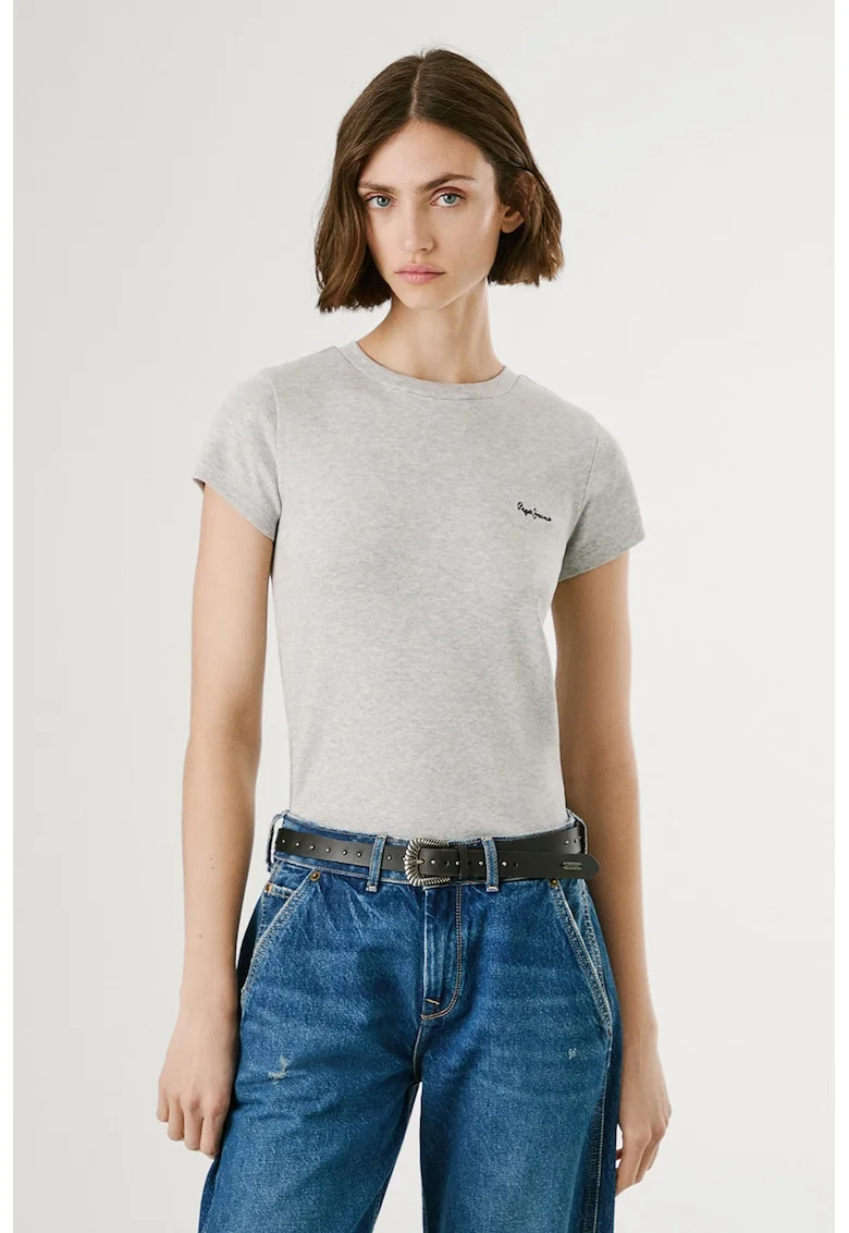 Tricou cu decolteu la baza gatului si logo brodat, Gri deschis