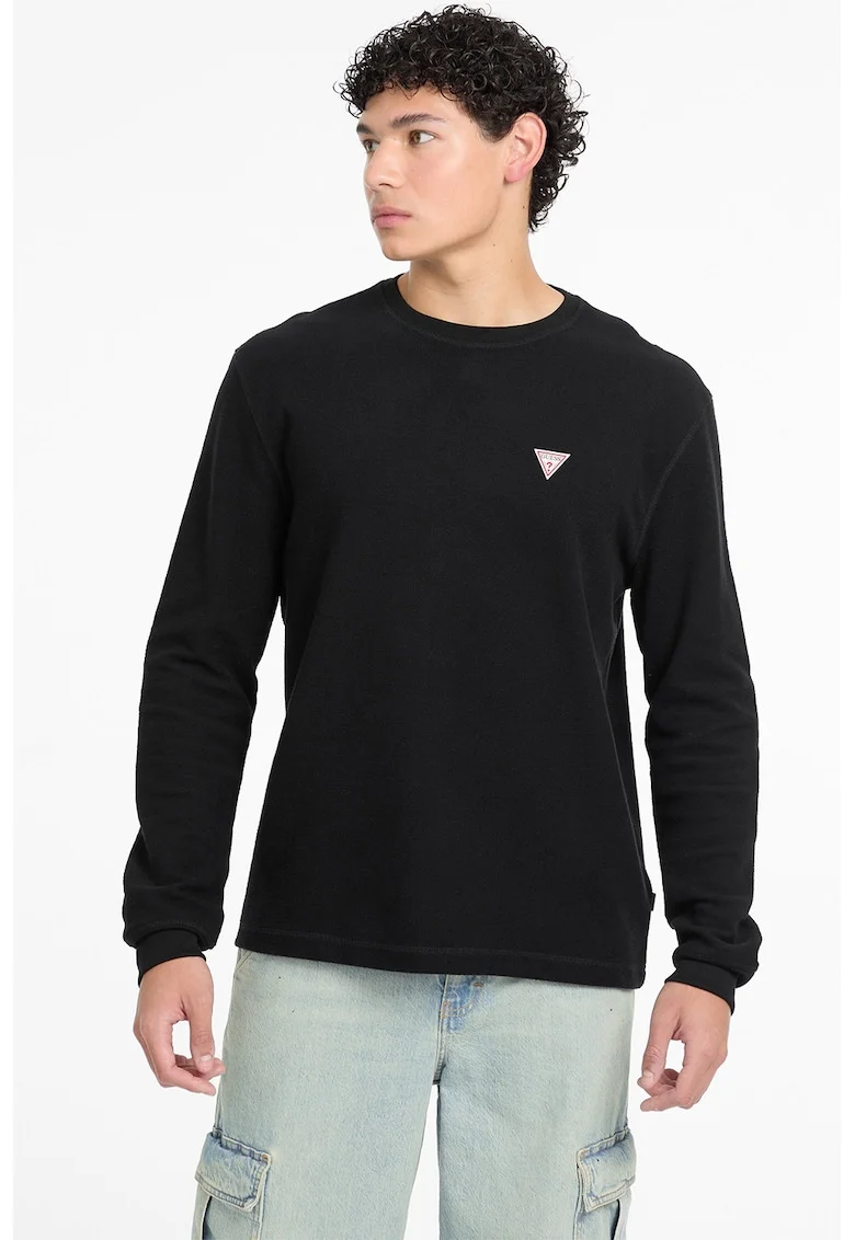 Bluza cu decolteu la baza gatului si aplicatie logo, Negru