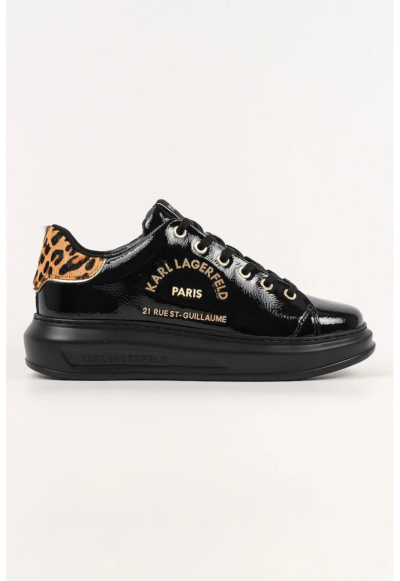 Pantofi sport din piele lacuita si logo, Negru/Maro