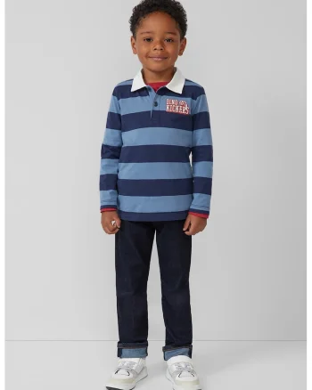 Bluza polo cu imprimeu text si dungi, Albastru prafuit/Bleumarin