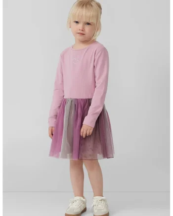 Rochie evazata cu insertii din tul, Verde/Roz prafuit