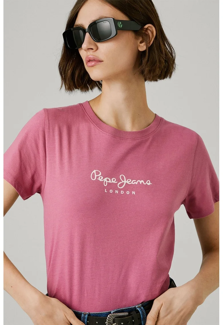 Tricou din bumbac cu decolteu la baza gatului si detaliu cu logo pe piept, Roz prafuit