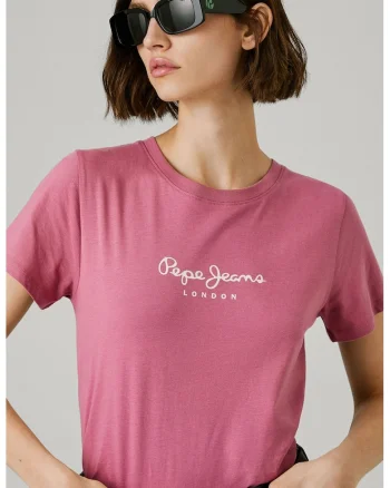 Tricou din bumbac cu decolteu la baza gatului si detaliu cu logo pe piept, Roz prafuit