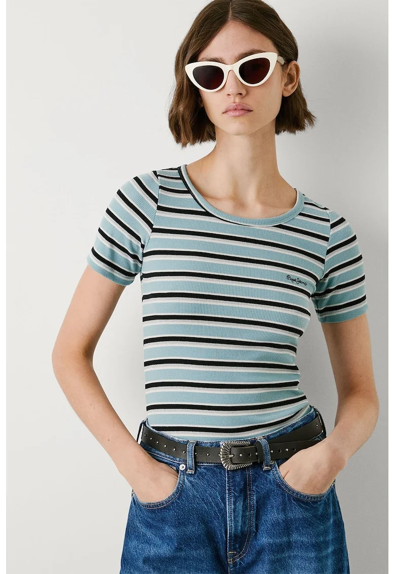 Tricou cu model in dungi si decolteu rotund, Alb/Negru/Turcoaz