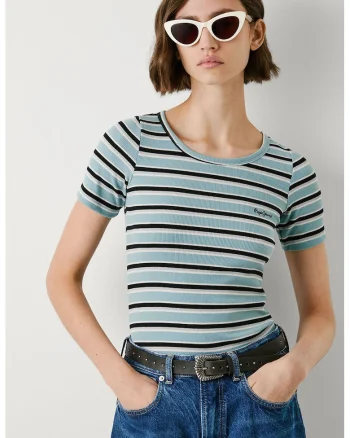 Tricou cu model in dungi si decolteu rotund, Alb/Negru/Turcoaz