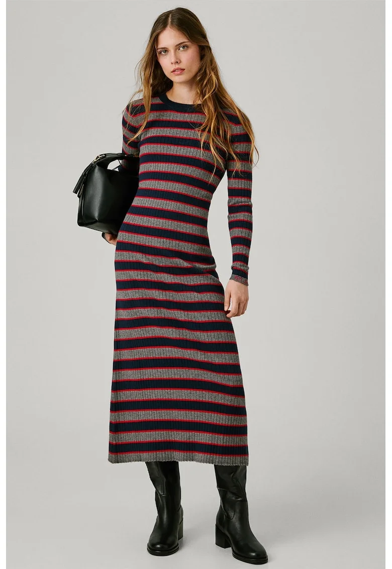 Rochie maxi cu model in dungi, Rosu/Gri melange/Bleumarin