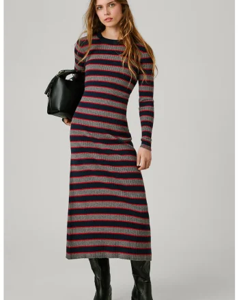 Rochie maxi cu model in dungi, Rosu/Gri melange/Bleumarin