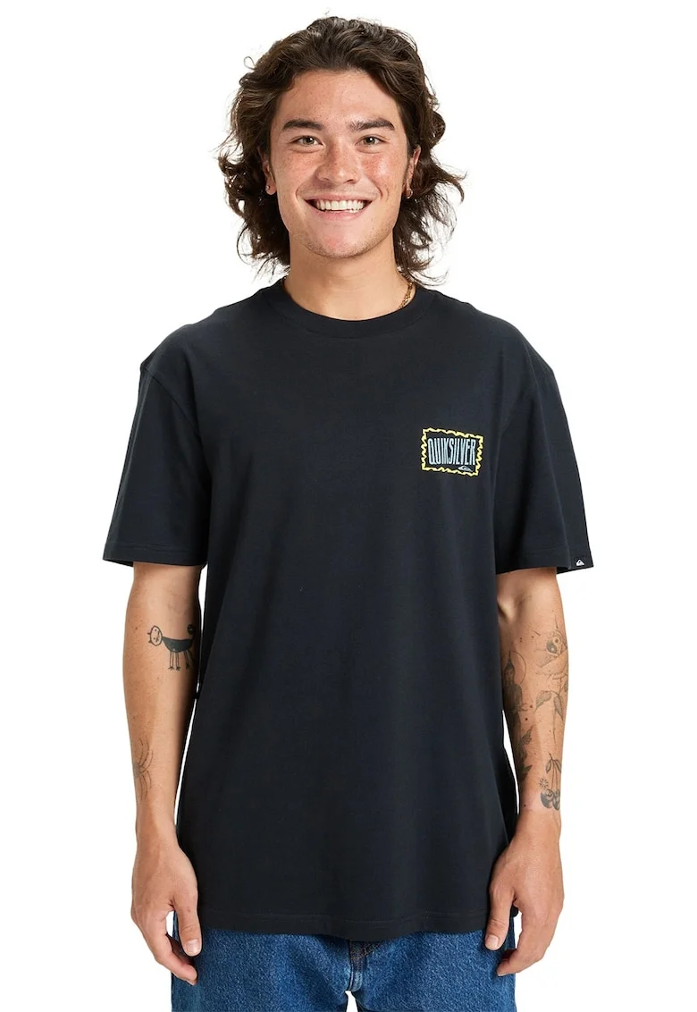 Tricou lejer din bumbac cu imprimeu logo pe partea din spate, Negru/Galben/Albastru