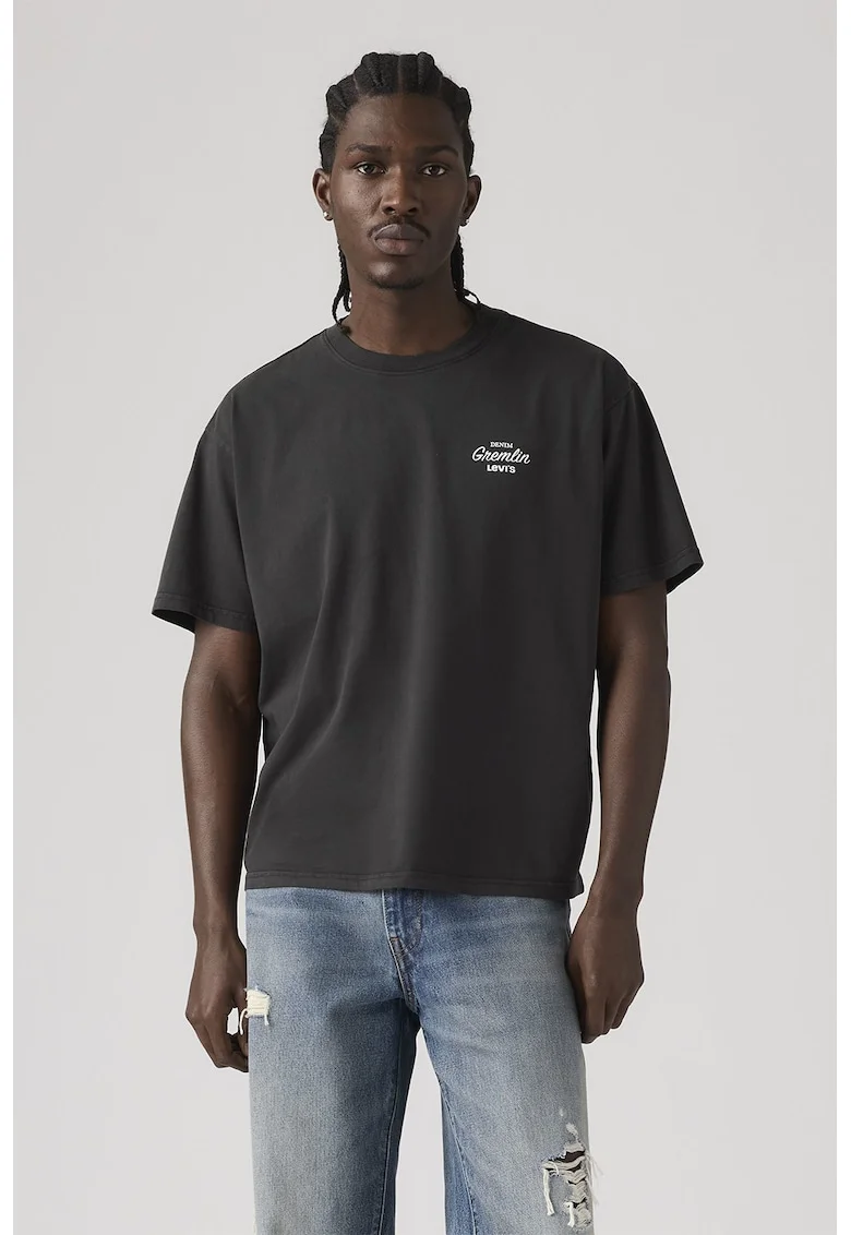 Tricou lejer din bumbac cu imprimeu, Alb/Gri antracit/Albastru deschis neon