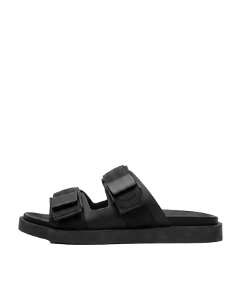 Papuci din piele cu talpa plata, Negru,