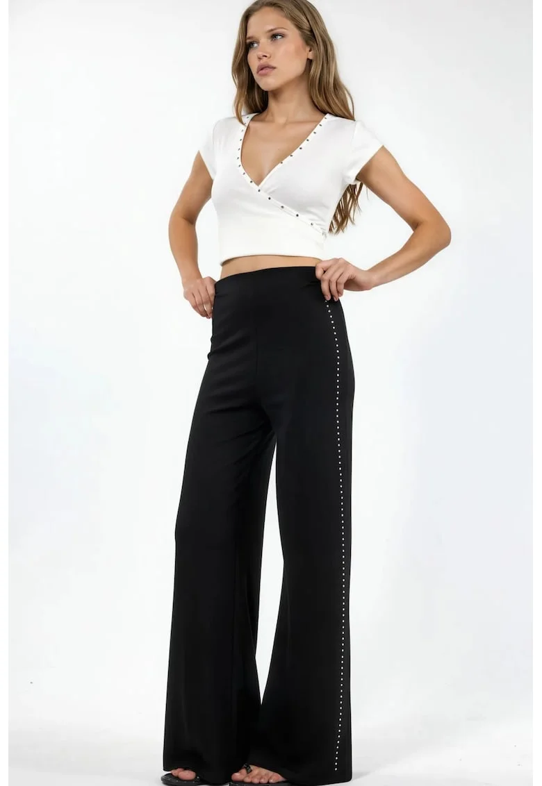 Pantaloni dama  cu talie inalta, croiala dreapta, accesoriu piatra, negru, textil