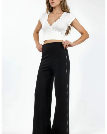 Pantaloni dama  cu talie inalta, croiala dreapta, accesoriu piatra, negru, textil