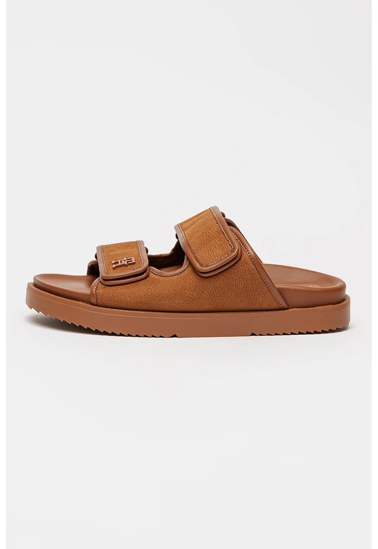 Papuci din piele nabuc cu benzi velcro, Maro Siena