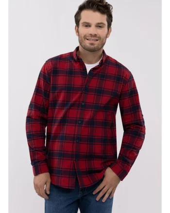 Camasa pentru barbati  K-Iseo, bumbac, maneca lunga, rosu cu carouri, Regular Fit
