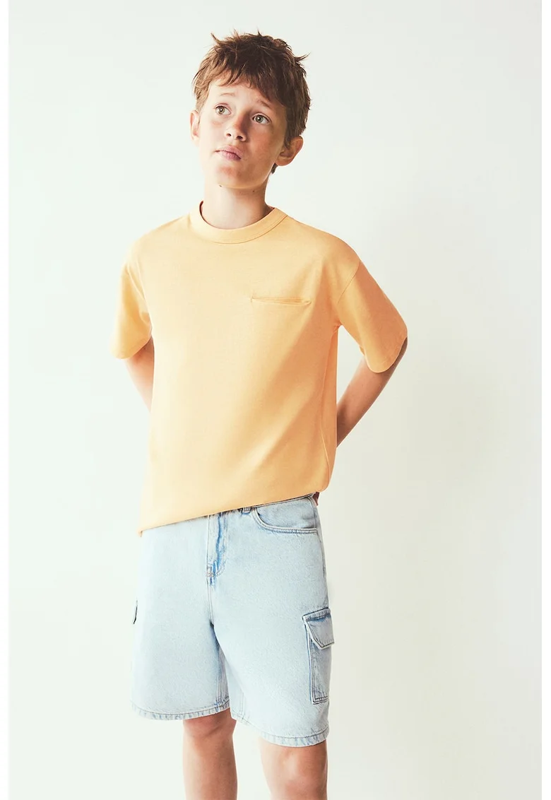 Tricou de bumbac cu buzunar pe piept, Galben pal